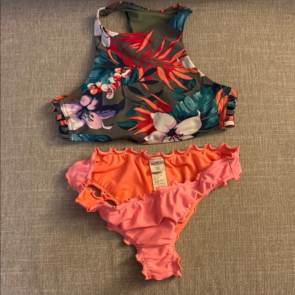 Floral High-Neck Bikini Top and Ruffled Bottom